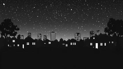 Fototapeta premium Stunning Urban Night Cityscape: Silhouettes, Skylines, and Stars in Modern Black and White