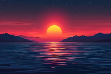 Serene Coastal Sunset: Vibrant Ocean Reflections with Mountains and Sky