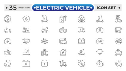 Electric Vehicle outline icons set. electric vehicle charging station, EV plug, bus, motorcycle, energy recovery, smart e car. Editable stroke outline icon.