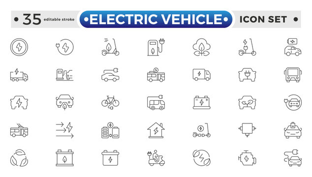 Electric Vehicle outline icons set. electric vehicle charging station, EV plug, bus, motorcycle, energy recovery, smart e car. Editable stroke outline icon.