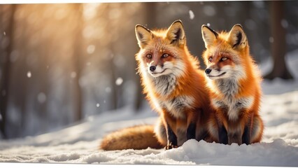 Fototapeta premium two foxes sitting in the snow in a forest with snow falling, foxes, fox animal, ultra realistic picture, cute fox