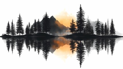 Tranquil Sunset Reflection in Pine Forest: A Serene Nature Landscape Illustration