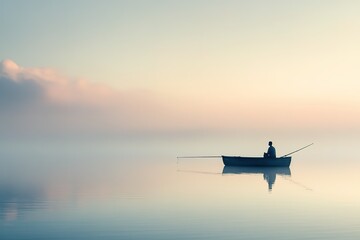 Man fishing from a boat on still water with a dreamy misty and peaceful atmosphere