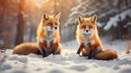Fototapeta premium two foxes sitting in the snow in a forest with snow falling, foxes, fox animal, ultra realistic picture, cute fox