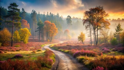 Obraz premium Serene Autumnal Path Winding Through a Misty Forest at Sunrise