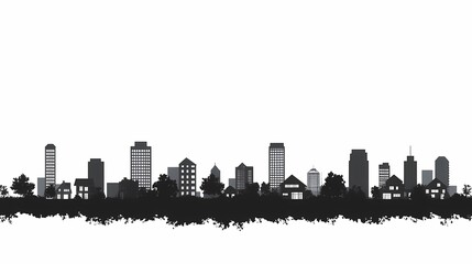 Naklejka premium Urban Landscape Silhouette Art: Black and White City Skyline Design Featuring Modern Architecture and Building Outlines
