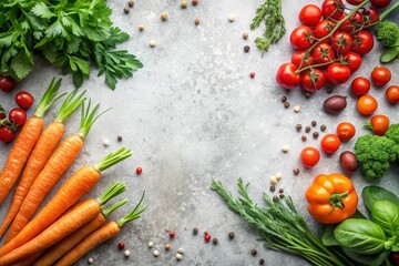 A vibrant assortment of fresh carrots, tomatoes, bell peppers, broccoli, parsley, and dill, arranged artfully around a neutral background, showcasing the beauty of wholesome ingredients.