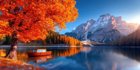 Naklejka premium Autumnal Lake Serenity Mountain Boat Tree