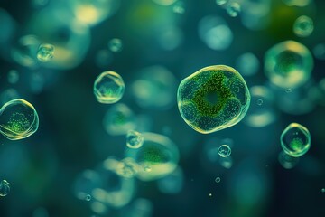 Cells under a microscope show a microscopic world with teal and green glowing orbs