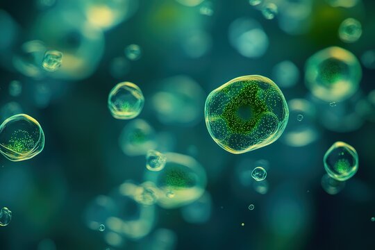 Cells under a microscope show a microscopic world with teal and green glowing orbs