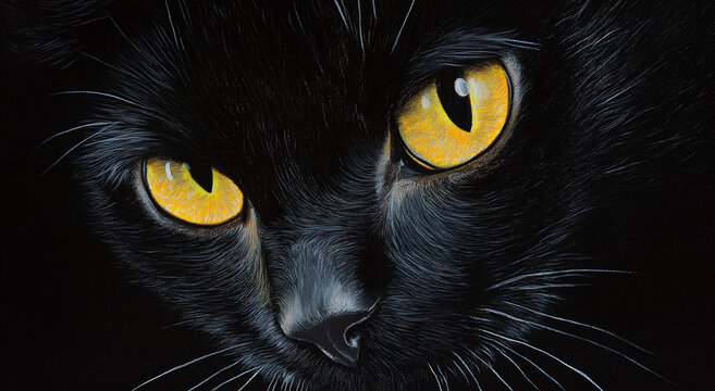Close do rosto de um gato preto com olhos amarelos brilhantes no escuro.