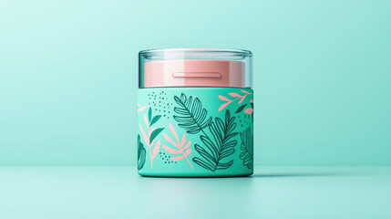 stylish cosmetic container featuring vibrant leaf designs on mint green background adds fresh touch to any beauty routine