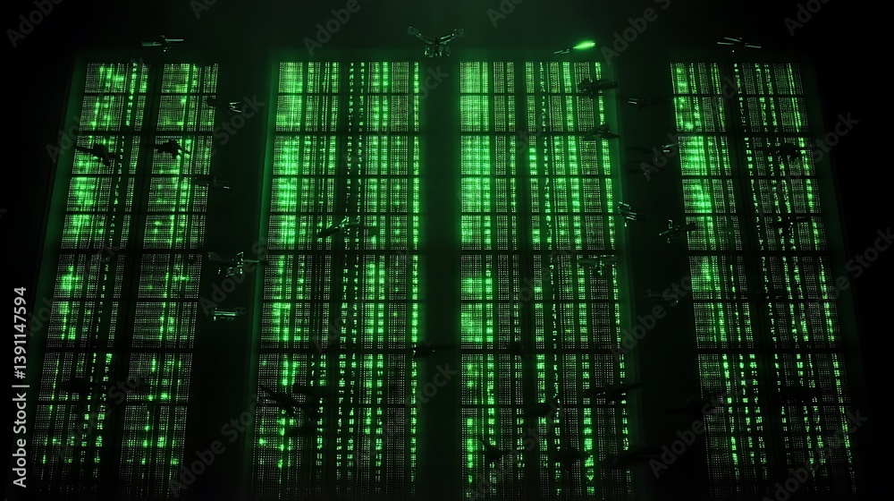 Poster dark futuristic window display with glowing green code