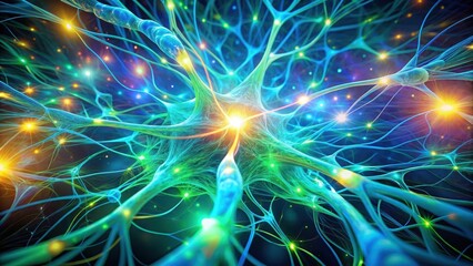 Intricate Neural Network A Vibrant Visualization of Interconnected Fibers and Glowing Synaptic Connections