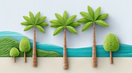 Obraz premium Serene coastal scene, three paper cut trees on a sandy beach embracing the ocean breeze