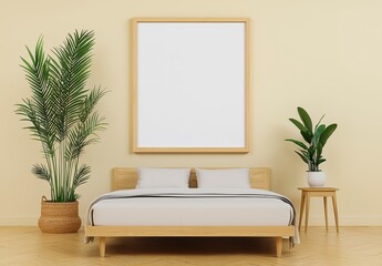 Minimalist Beige Bedroom with Large Blank Frame and Potted Plants