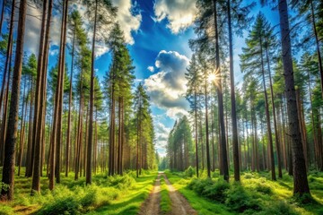 Sunlit Path Through a Lush Coniferous Forest with Vibrant Green Undergrowth and a Bright Sunny Sky