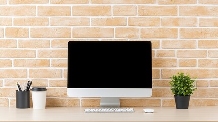 Fototapeta premium Modern Beige Brick Wall Workspace with Desktop Computer