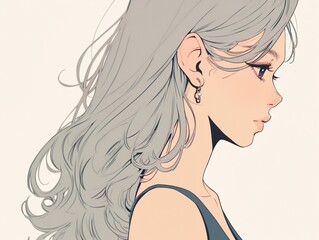 An elegant profile illustration depicts a woman with long, flowing wavy silver hair and delicate earrings, looking thoughtfully downwards against a neutral background.