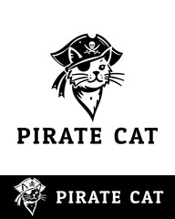 A creative and fun black and white logo featuring a cat wearing an eyepatch and pirate hat with skull symbol