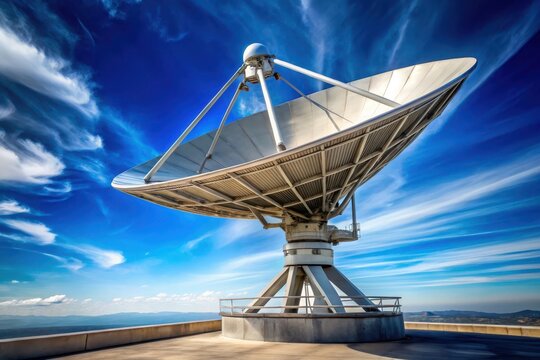 A large parabolic antenna dish on a rooftop platform against a vibrant blue sky with wispy clouds, capturing the essence of technological advancement and communication across vast distances.