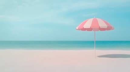Beach umbrella on sand near ocean with soft focus and pastel colors.