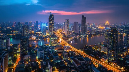 Obraz premium High angle view of a cityscape during twilight illumination