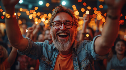 Obraz premium Crowd cheers, man laughs, concert