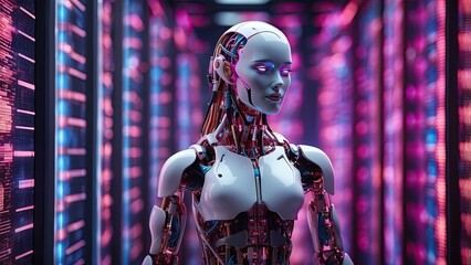 Naklejka premium A futuristic robotic figure with a digital