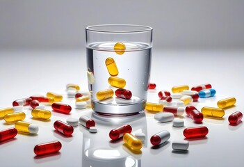 Glass of Water with Colorful Capsules and Tablets