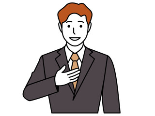 お任せください。と胸に手を当てるスーツの男性。その2