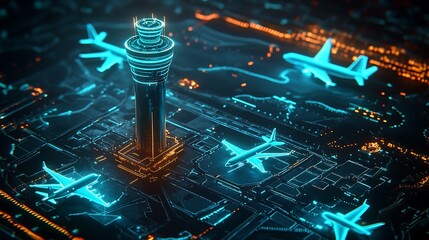 Futuristic airport control tower with planes. Digital representation of a modern airport system