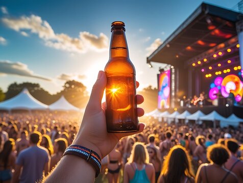 Outdoor concert festival at sunset with audience watching live music on stage, beer glass raised in the air, capturing the spirit of summer fun, celebration, and live events


