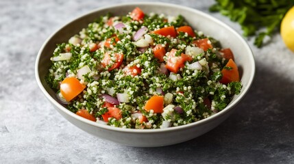 Bowl of tabbouleh salad with finely chopped parsley tomatoes onions and bulgur dressed in lemon juice
