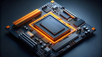 Fototapeta premium Illuminated Core A High-Tech Motherboard Design Featuring Advanced Components and Glowing Orange Accents