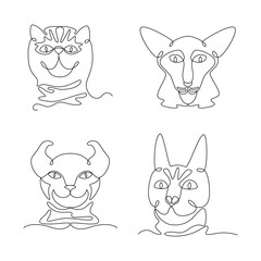 Set of cat heads of different breeds, drawn with continuous line in minimalism, abstract, exotic, oriental, american curl, icon, t-shirt print, card decor, one line, editable vector contour