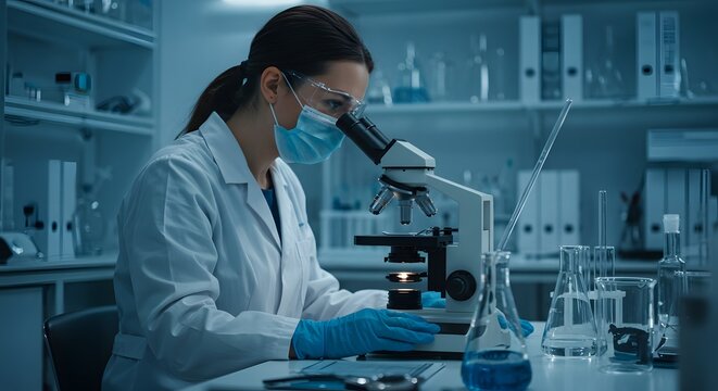 Female scientist using microscope in laboratory wearing safety goggles and mask