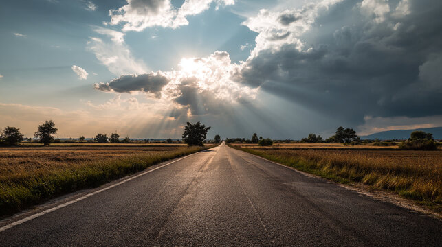 A long road stretching into the distance under a cloudy sky with sun rays breaking through clouds