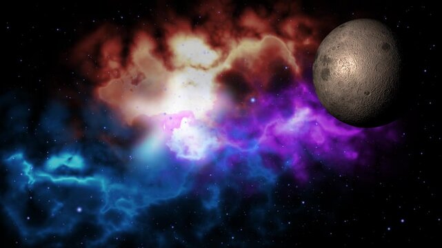 3d space animation with colorful nebulae and moon. Background for science content and meditation music.