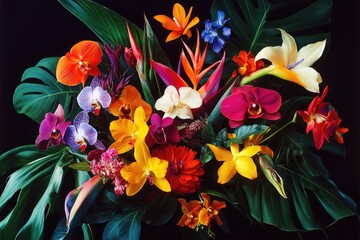 Vibrant tropical bouquet of orchids, blossoms, and exotic foliage