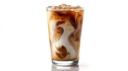 Glass of iced coffee with milk swirl on clean white background
