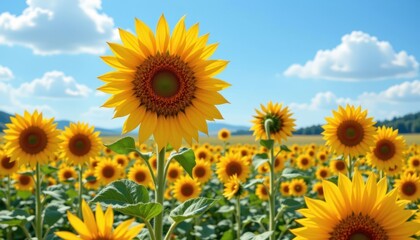Obraz premium Sunflower Field Illustrate a vast field filled with sunflowers under a bright blue sky, capturing the joyful essence of summer.