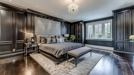 A luxurious and elegant bedroom is well appointed and decorated