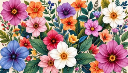 Floral Collage Illustrate a collage of different flowers and leaves, layered in a harmonious blend of colors and shapes.