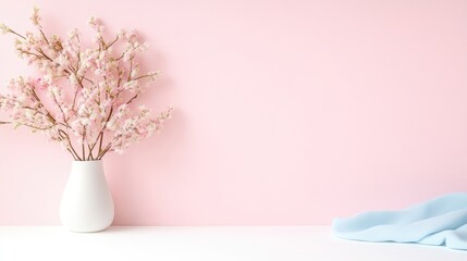 A white vase with delicate pink cherry blossoms on a minimalist white shelf against a soft pink wall, and serene home decor concept.