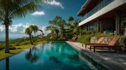Infinity pool at luxury villa overlooking tropical landscape on a sunny day with deck chairs