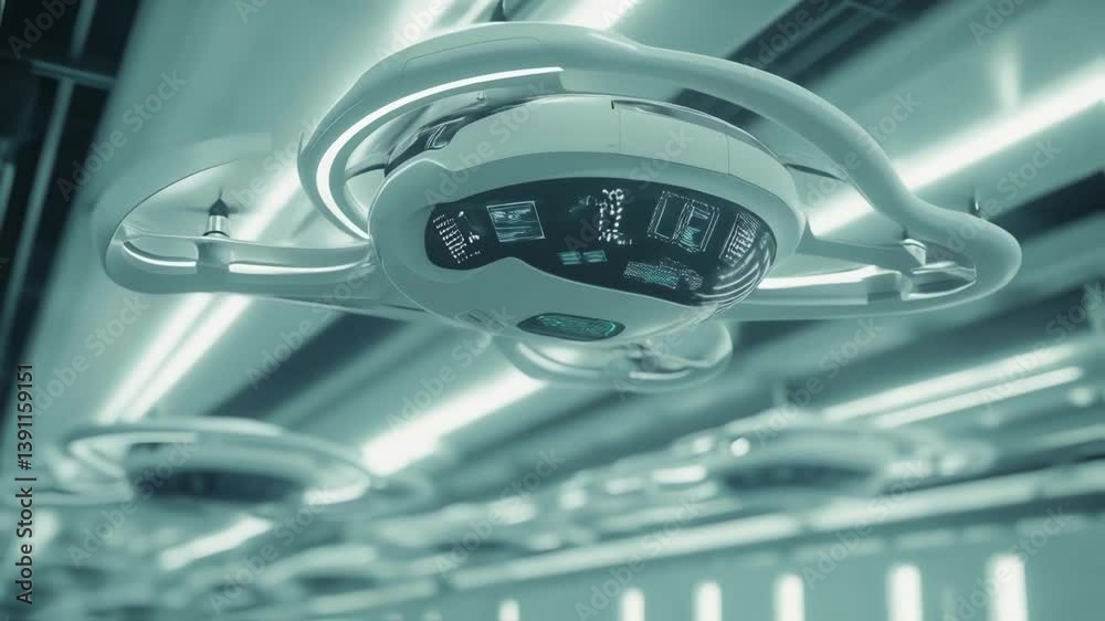 Poster several autonomous drones are navigating an advanced warehouse, their screens displaying complex dat