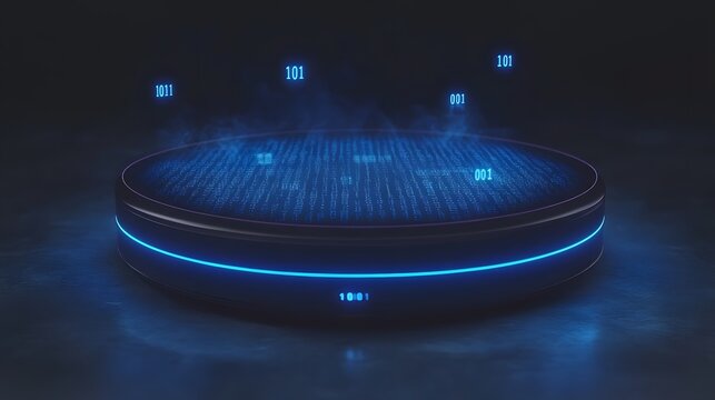 Illuminated platform featuring binary data and futuristic technology - Powered by Adobe
