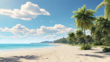 A serene beach scene with white sand, gentle waves