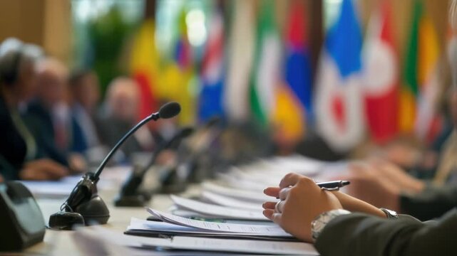 Politician wearing headphones and taking notes during an international summit, surrounded by blurred national flags, engaging in discussions and negotiations for global cooperation